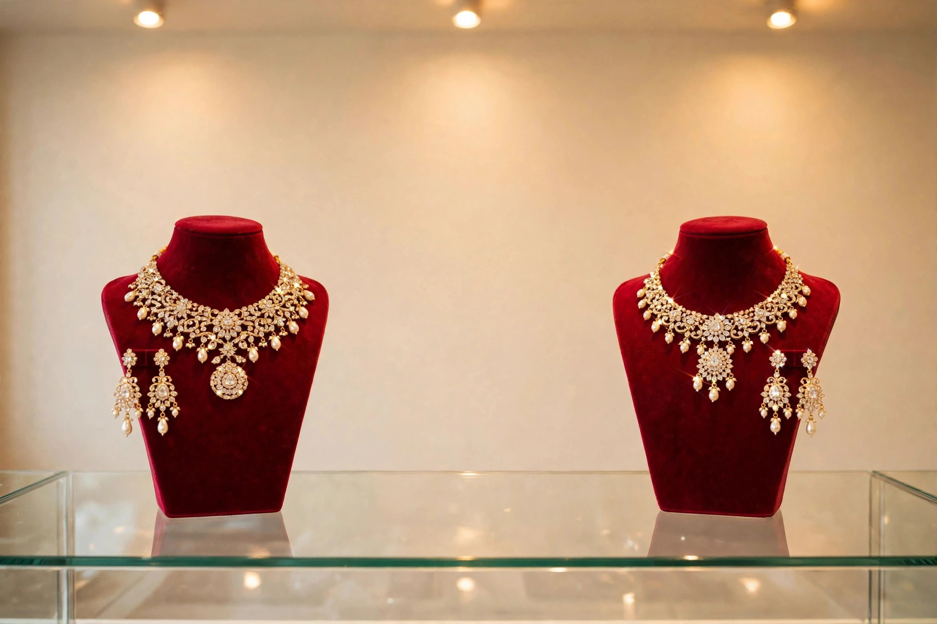 Gleaming, stunning new bridal jewellery set on display stands