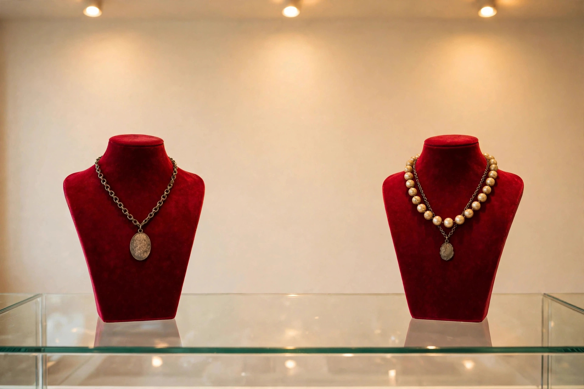 Dull, tarnished old bridal jewellery on display stands